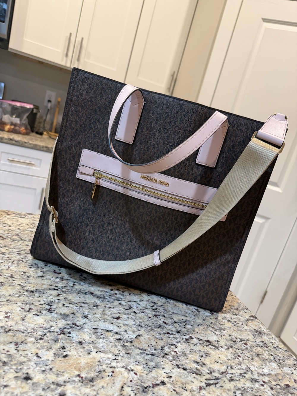 Michael Kors Brown Monogram Tote with Light Pink Trim and Adjustable Strap